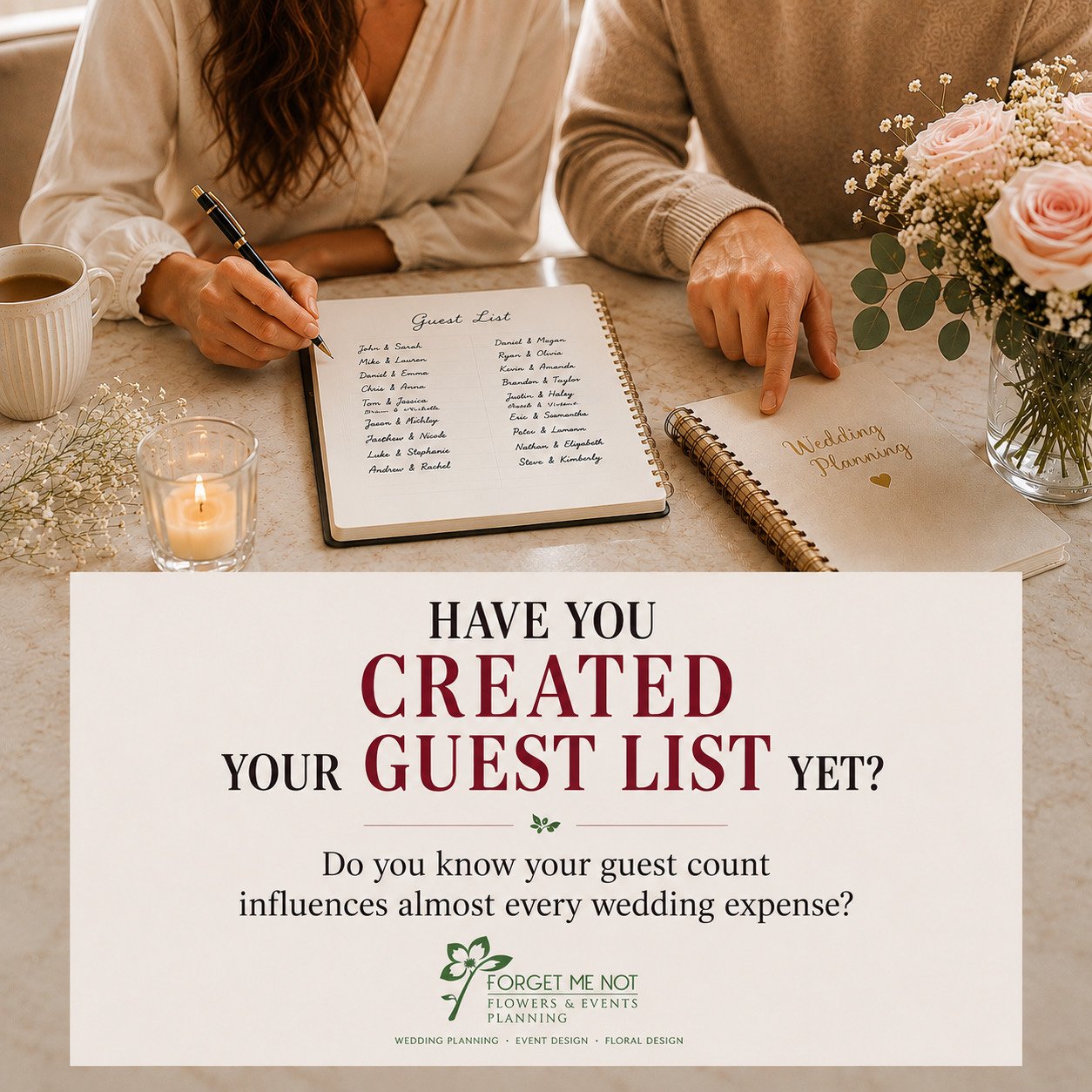 Two people creating a wedding guest list beside pink roses and planning notebooks.