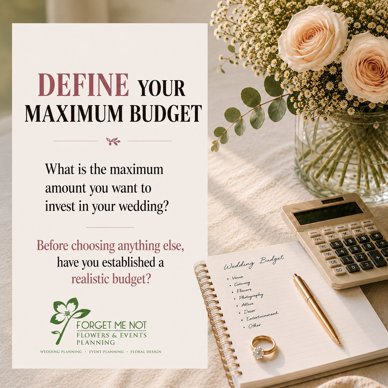 Wedding budget planning graphic with a calculator, notebook, roses, and a prompt to define the maximum budget.