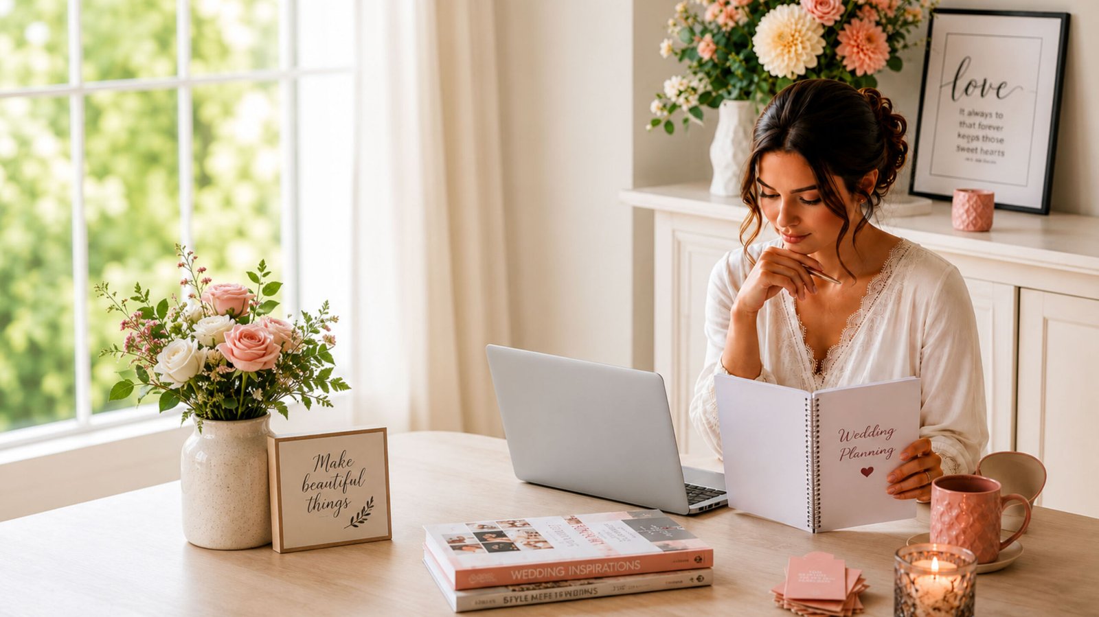 Woman reviewing a wedding planning notebook beside a laptop, flowers, and a candle.