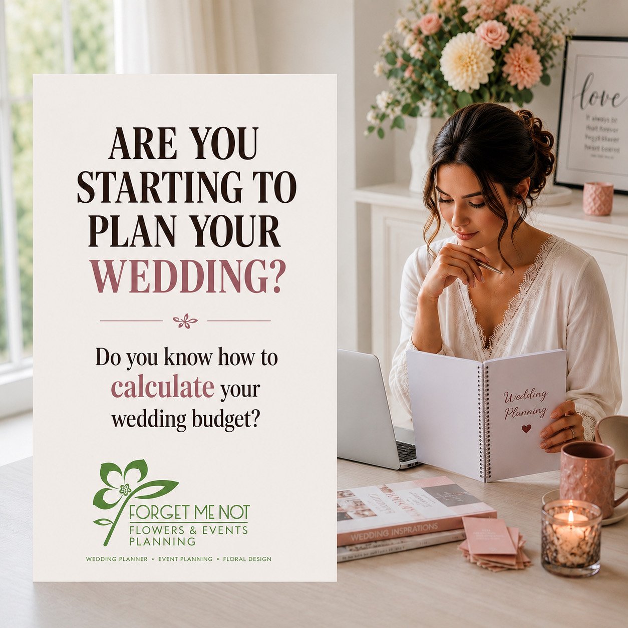 Woman reviewing a wedding planning notebook beside a laptop, flowers, and a candle.