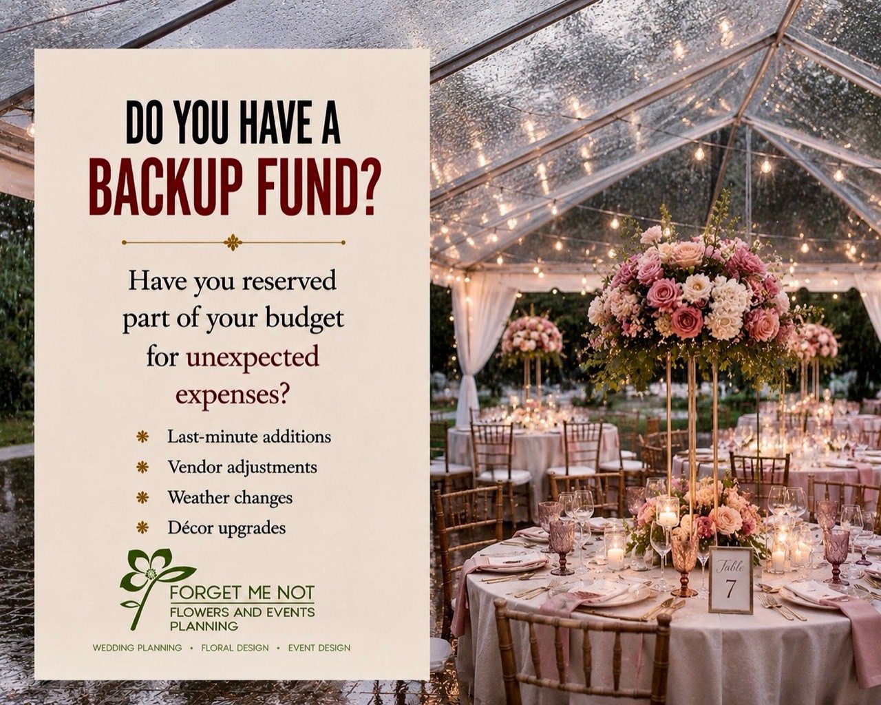 Rainy tented wedding reception with floral centerpieces and a reminder to reserve a backup fund.