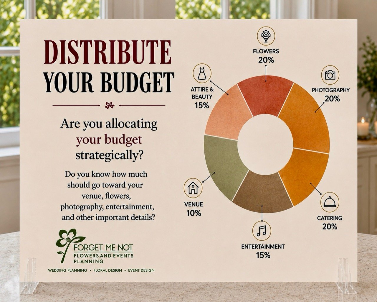 Wedding budget allocation infographic with sections for venue, catering, flowers, photography, attire, and entertainment.