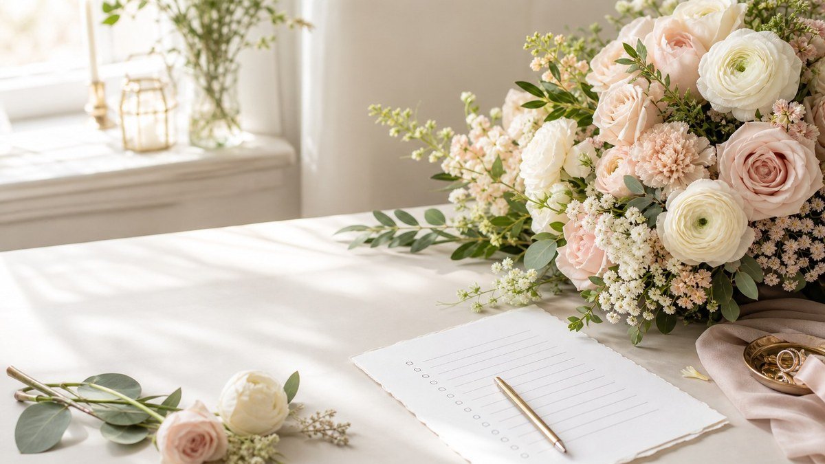 Wedding flower planning checklist with blush bridal bouquet for florist consultation